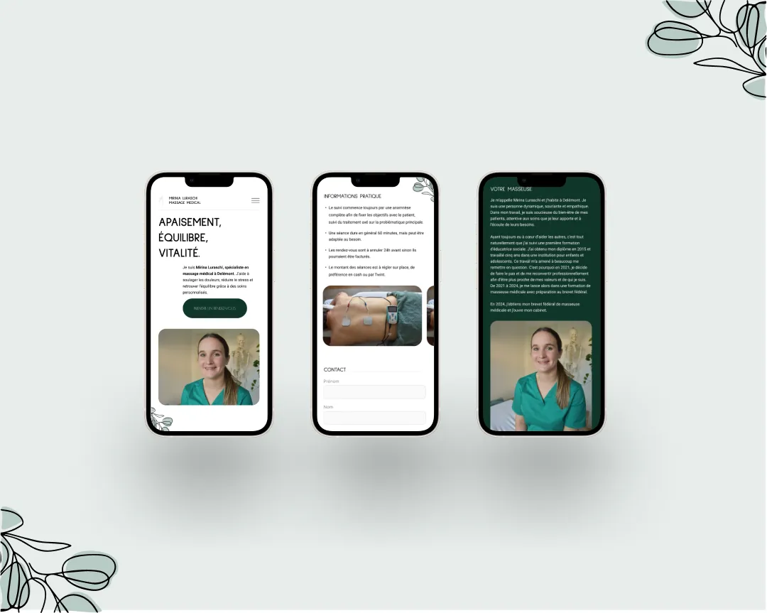 The home page, practical information and the introduction, on phone.